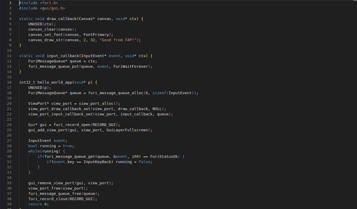 Monaco editor showing Flipper Zero C source code with syntax highlighting