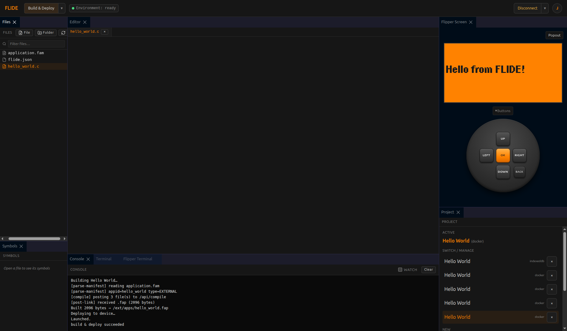 FLIDE showing file explorer, Monaco code editor with hello_world.c, Flipper screen mirror displaying app output, and project management panel